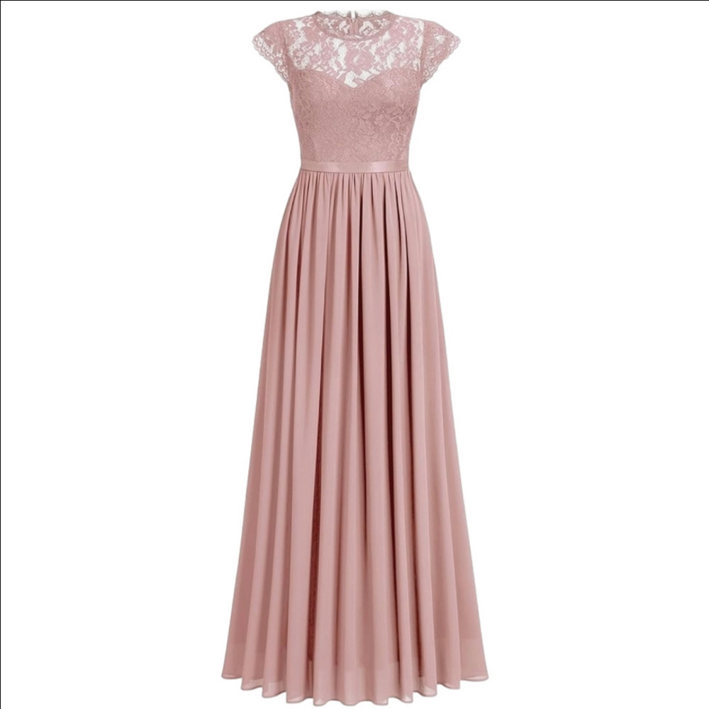 Musol Pink Lace Chiffon Fit And Flare Floor Length Gown Size S - Picture 7 of 16